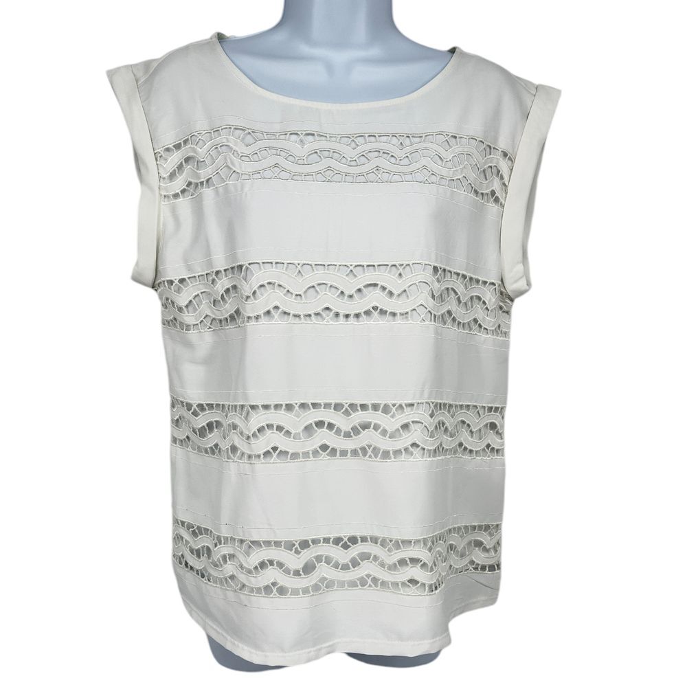 Sleeveless‎ Top Cream Lace Detail Blouse Casual Elegant